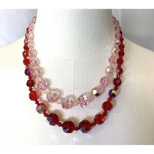 Vintage Red Pink Aurora Borealis Crystal Bead Necklace Double Strand 1950s